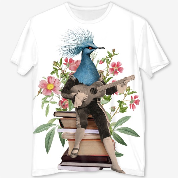 Футболка с полной запечаткой «Птица с гитарой, книгами и цветами (серия коллажей для книголюбов)»