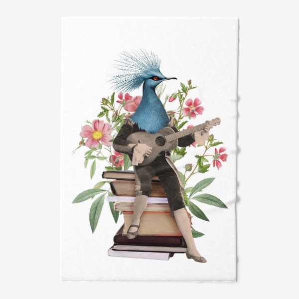 Полотенце &laquo;Птица с гитарой, книгами и цветами (серия коллажей для книголюбов)&raquo;