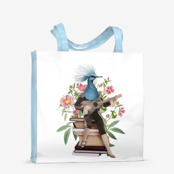 Сумка-шоппер «Птица с гитарой, книгами и цветами (серия коллажей для книголюбов)»