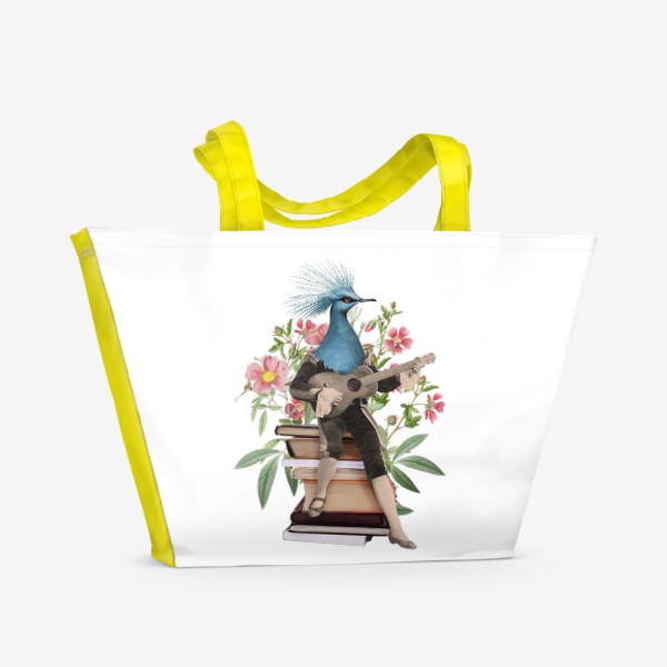 Пляжная сумка «Птица с гитарой, книгами и цветами (серия коллажей для книголюбов)»