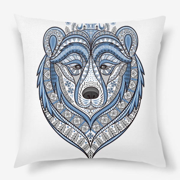 Подушка «Голова медведя в стиле мезенской росписи.»