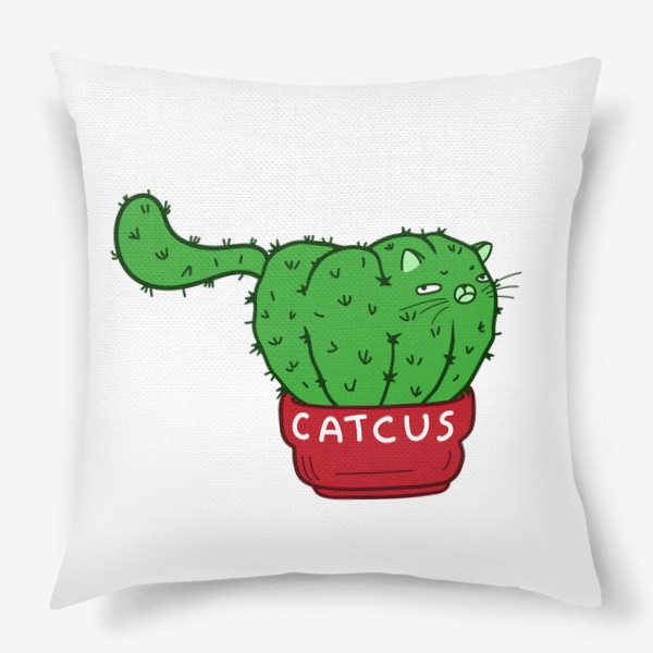 Подушка «Кавай прикол мультяшный кот кактус, милый кавайный аниме котик, толстый, вредный, недовольный, прикольная надпись catcus»
