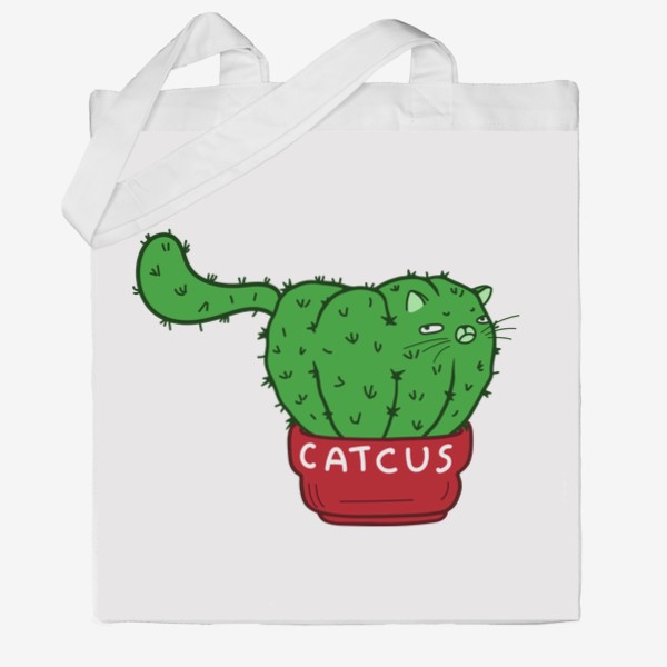 Сумка хб «Кавай прикол мультяшный кот кактус, милый кавайный аниме котик, толстый, вредный, недовольный, прикольная надпись catcus»