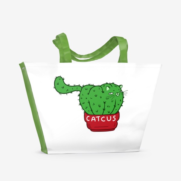 Пляжная сумка «Кавай прикол мультяшный кот кактус, милый кавайный аниме котик, толстый, вредный, недовольный, прикольная надпись catcus»