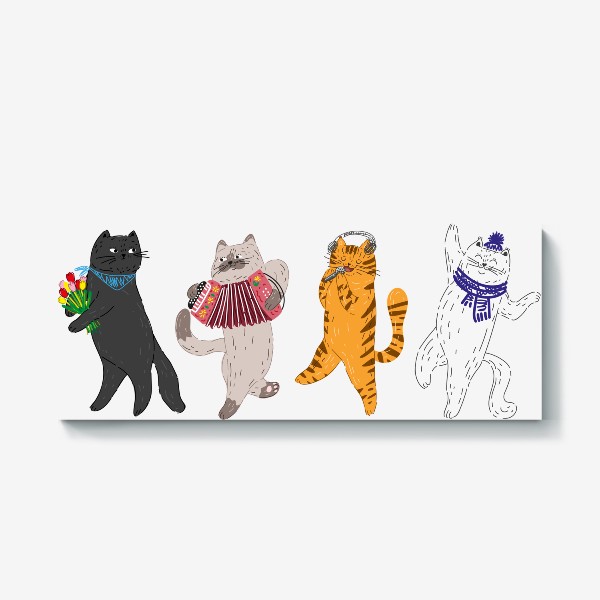 Холст «Смешные котики с музыкой и цветами, забавный весенний принт, милый подарок на 8 марта и другие праздники »