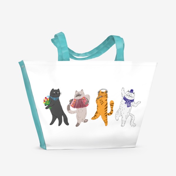 Пляжная сумка «Смешные котики с музыкой и цветами, забавный весенний принт, милый подарок на 8 марта и другие праздники »