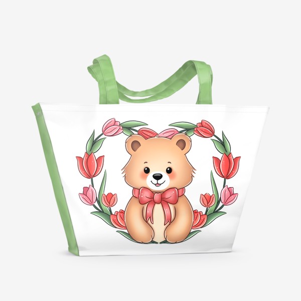 Пляжная сумка «Мишка в сердечке из тюльпанов»