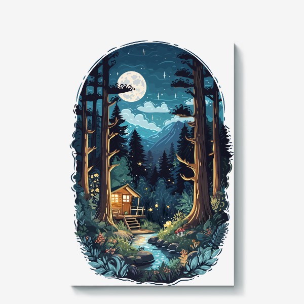 Холст «Красивый ночной пейзаж с луной и звездами, домик в волшебном лесу у ручья, природа, горы, путешествия и приключения»