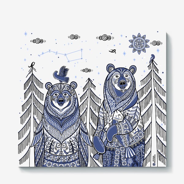 Холст «Медведь и Медведица в стиле мезенской росписи»