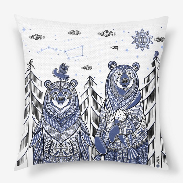 Подушка «Медведь и Медведица в стиле мезенской росписи»