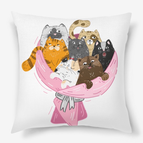 Подушка «Букет из котиков вместо цветов, прикольный подарок на праздник, смешные коты, милые животные»