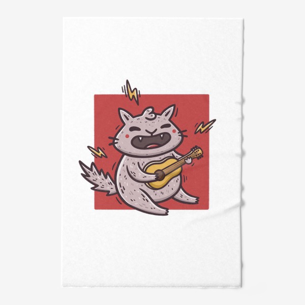 Полотенце «Кот играет на гитаре. Музыкант. Рок. Рокер. Юмор»