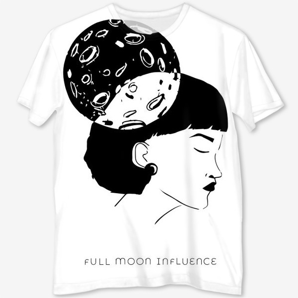 Футболка с полной запечаткой «Женская голова и пересекающаяся с ней Луна. Влияние полной луны.»