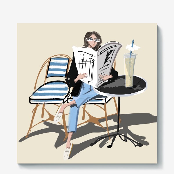 Холст «Девушка в кафе с газетой »