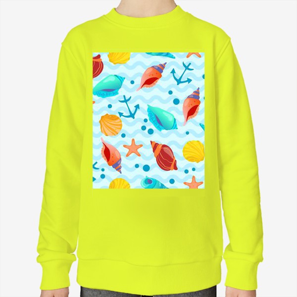 Свитшот «Ракушки разноцветные, якоря и пузырьки на фоне морских волн»