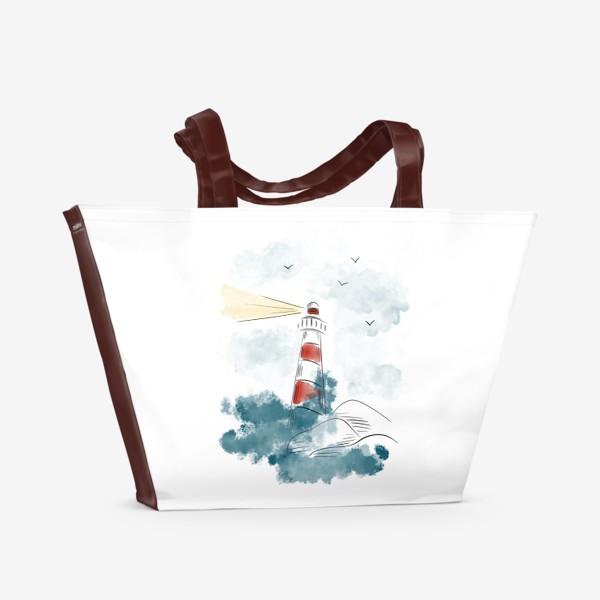 Пляжная сумка «Маяк и волны - акварель»