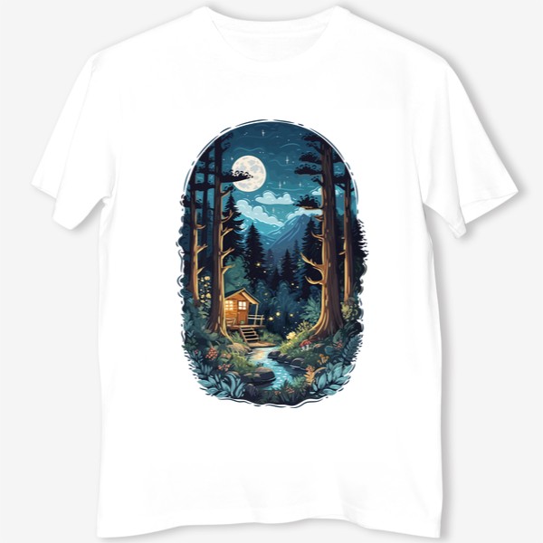 Футболка &laquo;Красивый ночной пейзаж с луной и звездами, домик в волшебном лесу у ручья, природа, горы, путешествия и приключения&raquo;