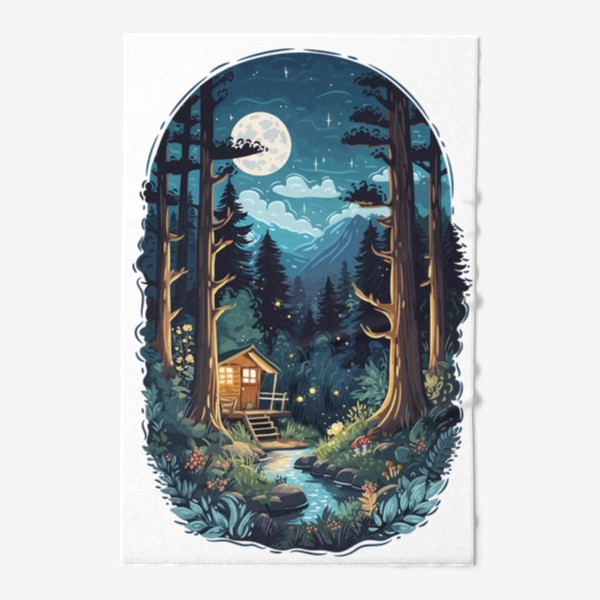 Полотенце «Красивый ночной пейзаж с луной и звездами, домик в волшебном лесу у ручья, природа, горы, путешествия и приключения»