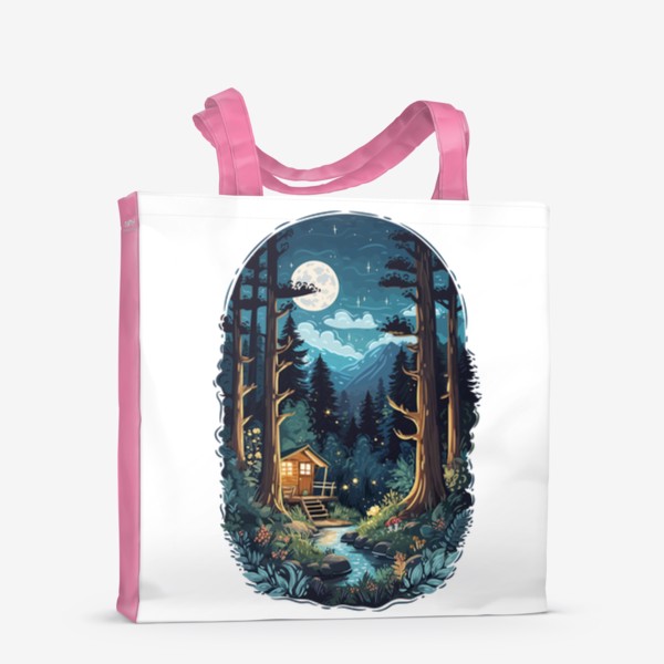 Сумка-шоппер «Красивый ночной пейзаж с луной и звездами, домик в волшебном лесу у ручья, природа, горы, путешествия и приключения»