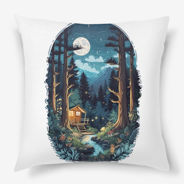 Подушка «Красивый ночной пейзаж с луной и звездами, домик в волшебном лесу у ручья, природа, горы, путешествия и приключения»