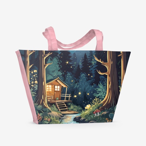 Пляжная сумка &laquo;Красивый ночной пейзаж с луной и звездами, домик в волшебном лесу у ручья, природа, горы, путешествия и приключения&raquo;