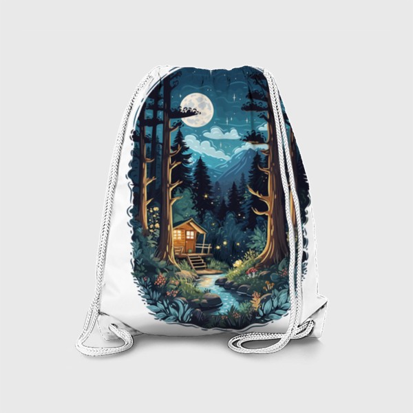 Рюкзак &laquo;Красивый ночной пейзаж с луной и звездами, домик в волшебном лесу у ручья, природа, горы, путешествия и приключения&raquo;