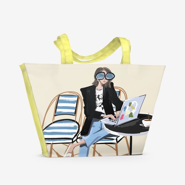Пляжная сумка «Девушка в кафе с ноутбуком»
