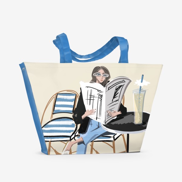 Пляжная сумка «Девушка в кафе с газетой »