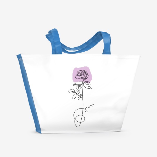 Пляжная сумка «Роза одной линией на фоне абстрактного сиреневого пятна, стиль лайн арт, минимализм»