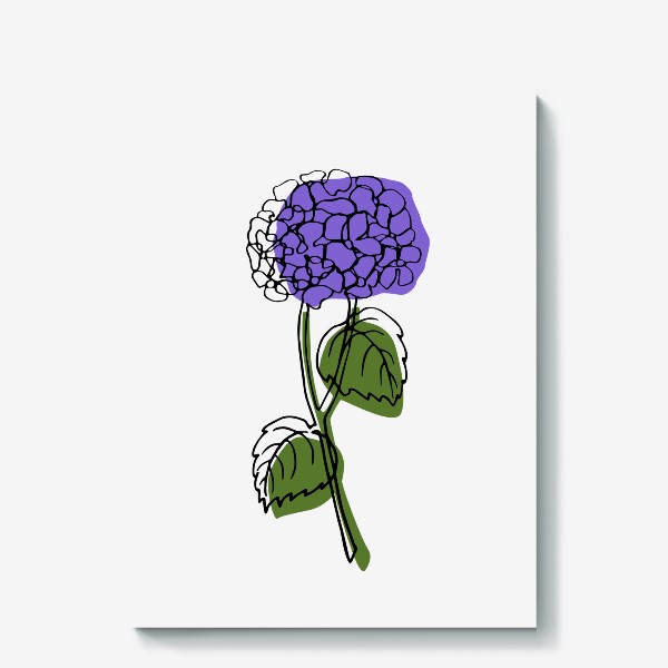Холст «Цветок фиолетовая гортензия с листьями чёрным контуром, минимализм, просто»