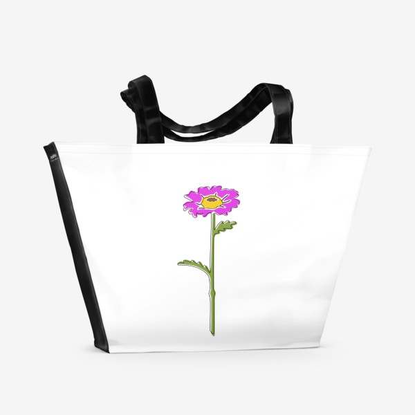 Пляжная сумка «Большая розовая ромашка чёрным контуром, стиль лайн арт, минимализм»