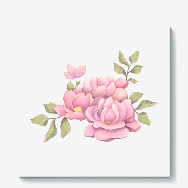 Холст «Акварельные розовые цветы - розы и пионы»