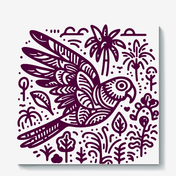 Холст «Орнамент с попугаем и растениями»