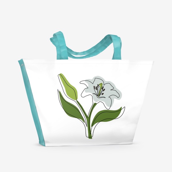 Пляжная сумка &laquo;Лилия белая чёрным контуром в стиле лайн арт, минимализм, простой цветок&raquo;