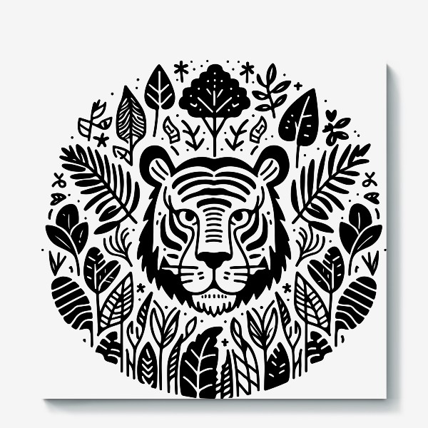 Холст «Голова тигра в окружении листьев»