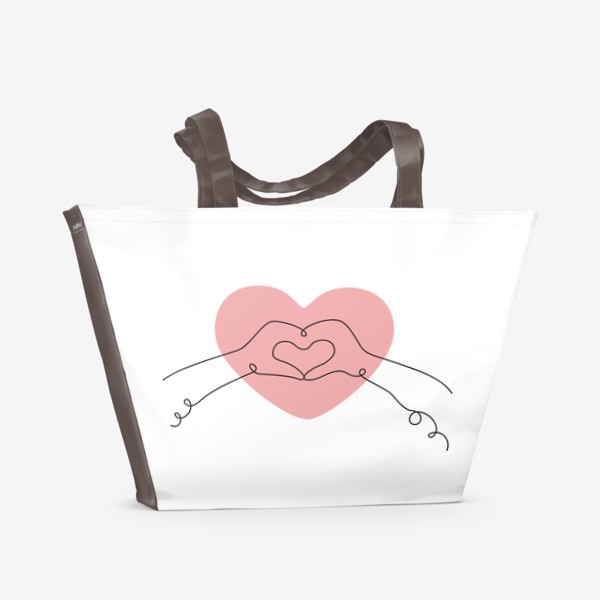 Пляжная сумка «Руки в форме сердца на фоне большого розового сердца»