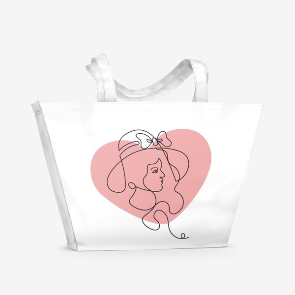 Пляжная сумка «Дама одной линией на фоне фоне розового большого сердца»