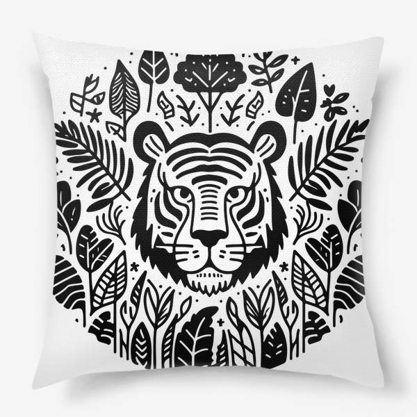 Подушка «Голова тигра в окружении листьев»