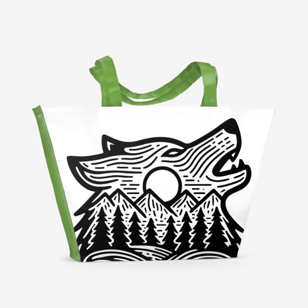 Пляжная сумка &laquo;Голова воющего волка и горы&raquo;