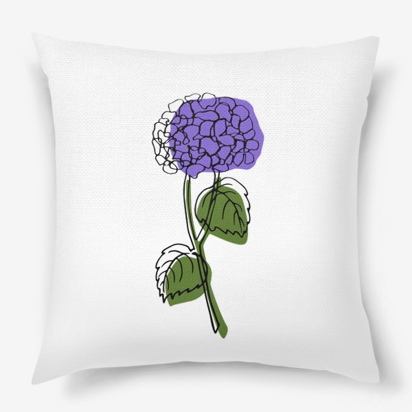 Подушка «Цветок фиолетовая гортензия с листьями чёрным контуром, минимализм, просто»