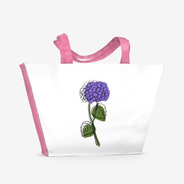 Пляжная сумка «Цветок фиолетовая гортензия с листьями чёрным контуром, минимализм, просто»