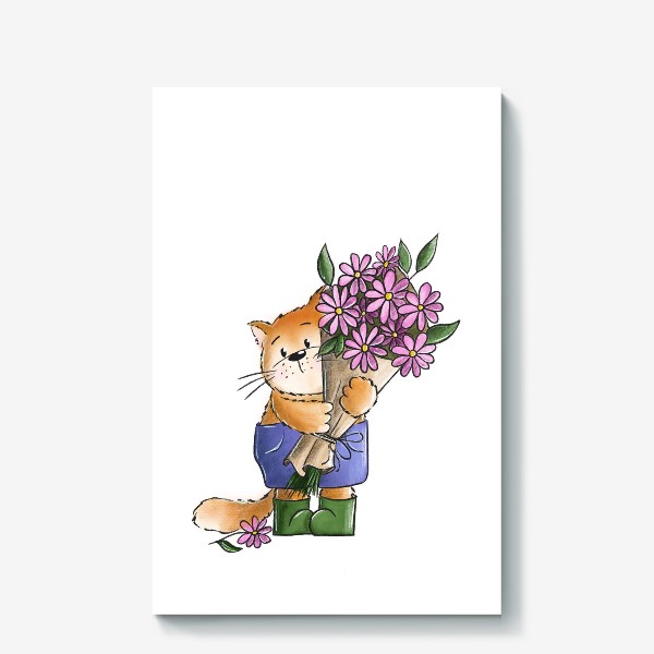 Холст «Котик с букетом цветов»