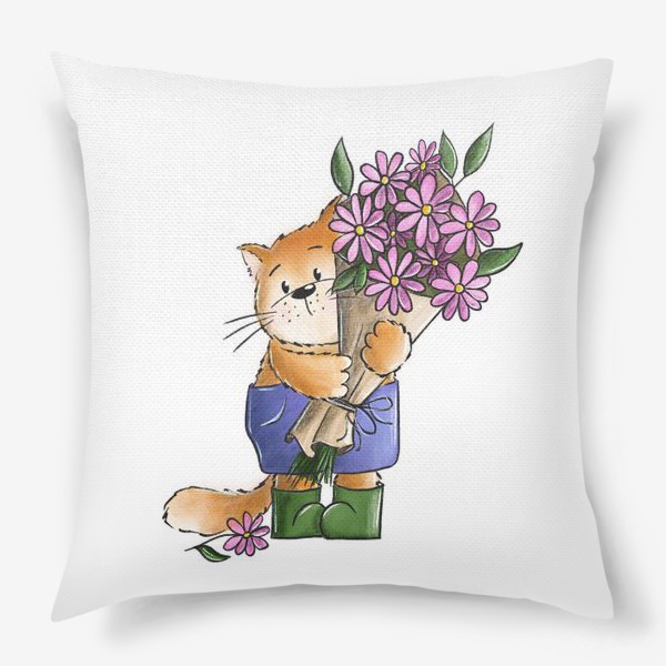 Подушка «Котик с букетом цветов»