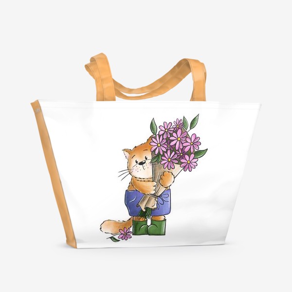 Пляжная сумка «Котик с букетом цветов»