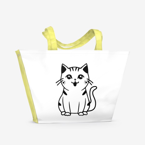 Пляжная сумка «Милый кот мультяшный с большими глазами, улыбается, иллюстрация»