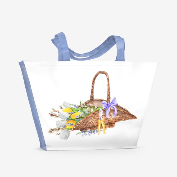 Пляжная сумка «Тюльпаны с вербой и лавандой в корзине»