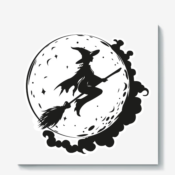 Холст «Ведьма на метле на фоне луны»
