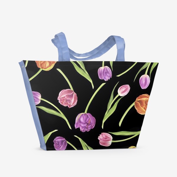 Пляжная сумка «Тюльпаны на черном фоне»