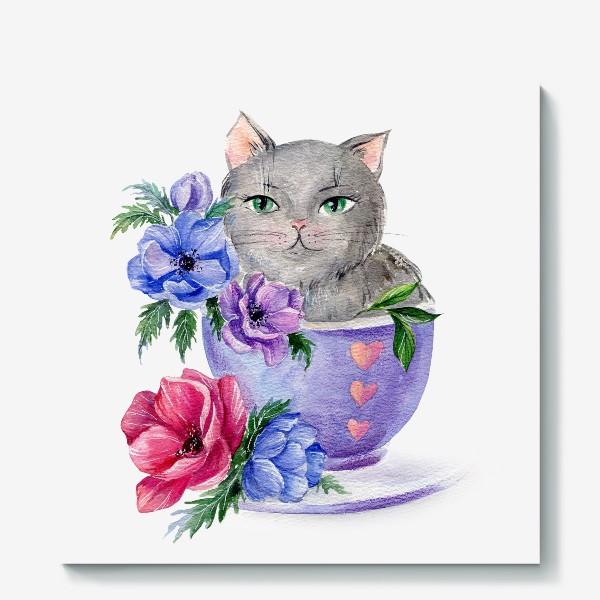 Холст «Акварельная иллюстрация Котик в чашке с цветами»