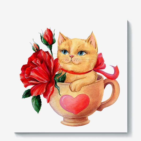 Холст «Акварельная иллюстрация Котик в чашке с красными цветами»